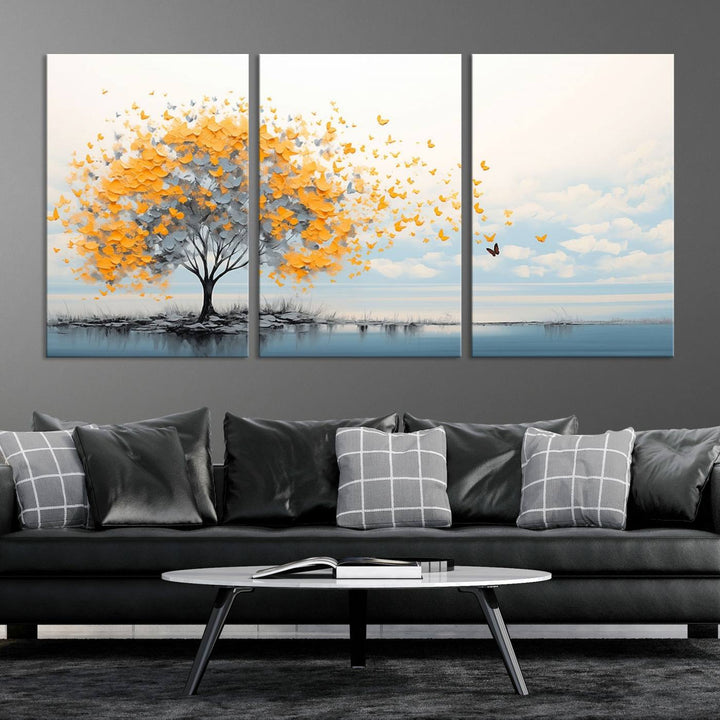 Abstract tree with yellow butterflies canvas wall art in a modern living room setting.