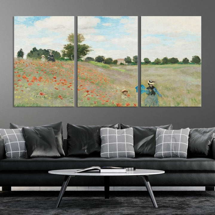 The Claude Monet The Poppy Field Canvas Print features a scene of a serene meadow with blooming flowers and a woman and child. It is printed on museum-quality canvas with UV-protective coating.