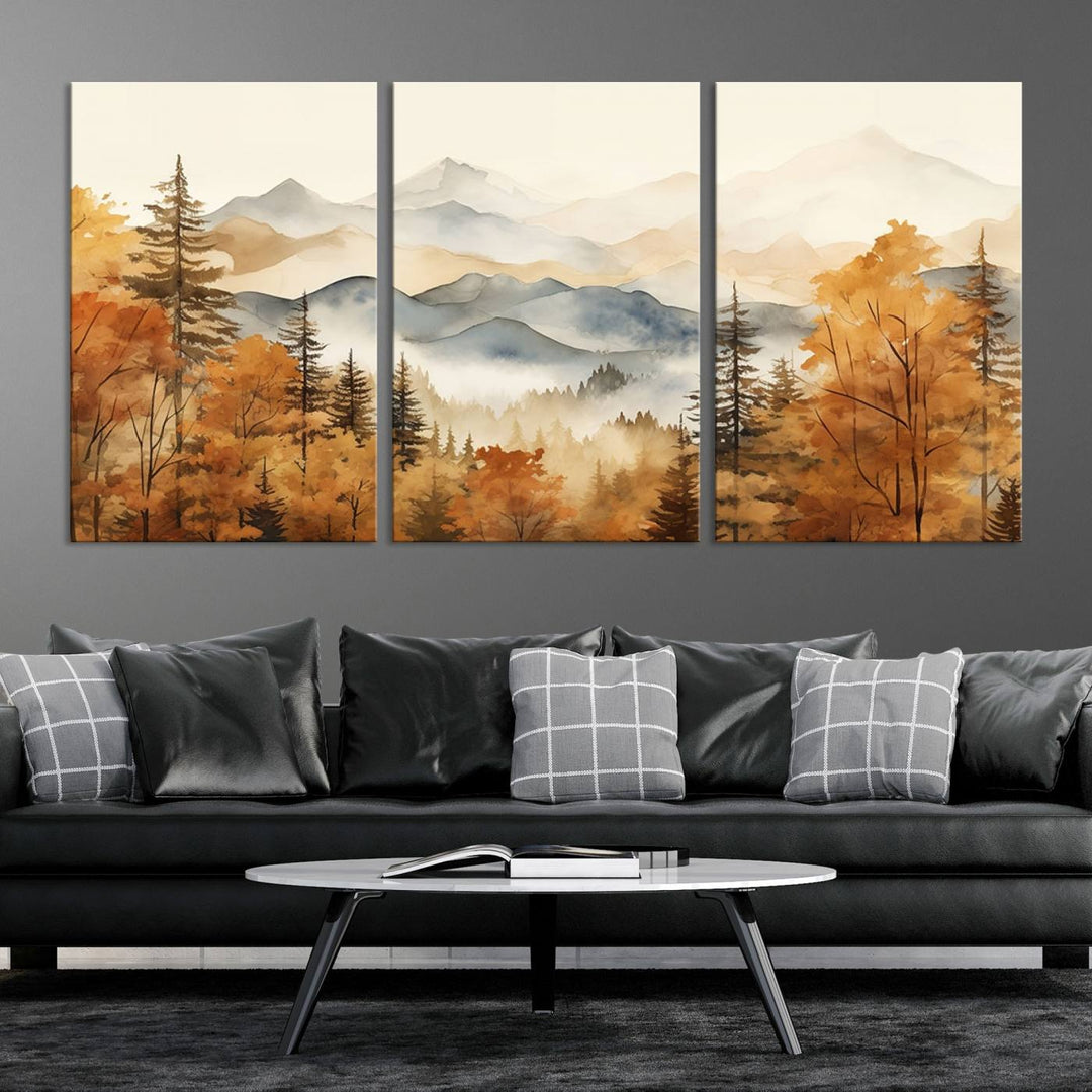 Aquarelle Automne Arbres d'automne Montagne Art mural abstrait Impression sur toile