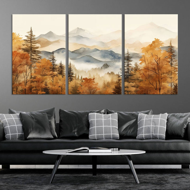 Abstract Mountain Mist Canvas Wall Art – Tranquil Autumn Forest and Misty Peaks - Ready to Hang