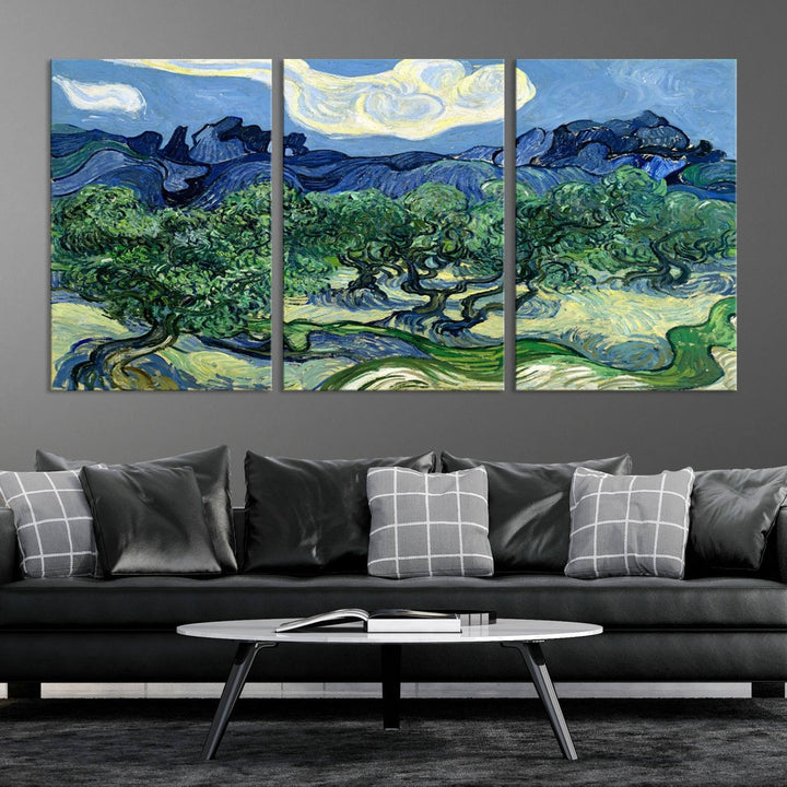 The Olive Trees Van Gogh Wall Art Canvas Print enhances the living room with its vivid landscape on museum-quality canvas, complete with a UV-protective coating.