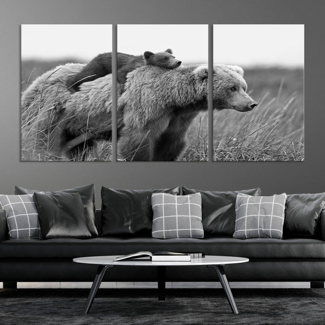 Bébé ours et maman ours famille noir et blanc toile impression mur Art toile