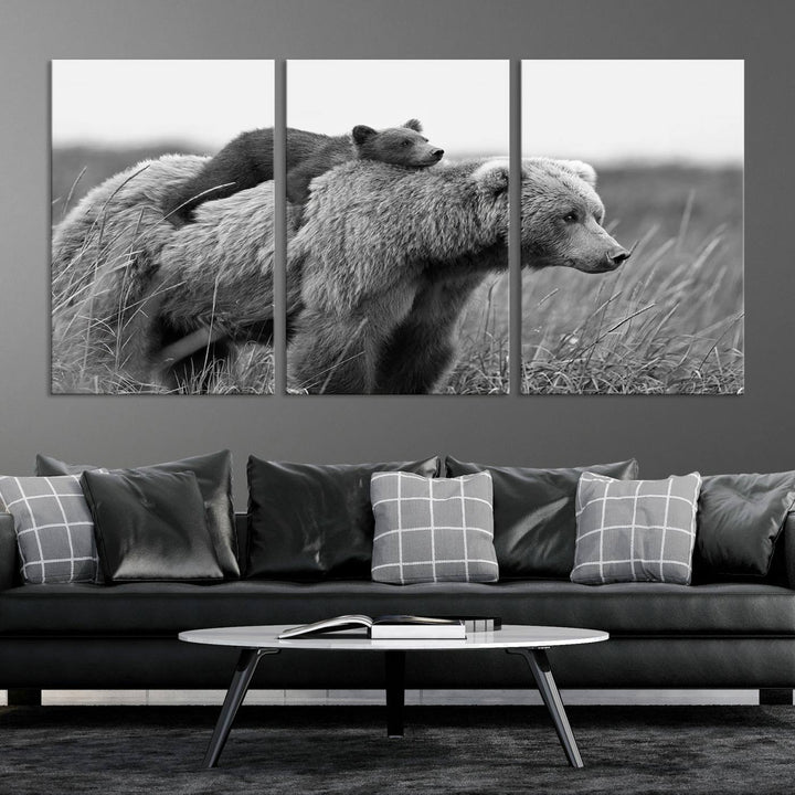 Baby Bear and Mom Bear Family Black & White Canvas Print Wall Art Canvas