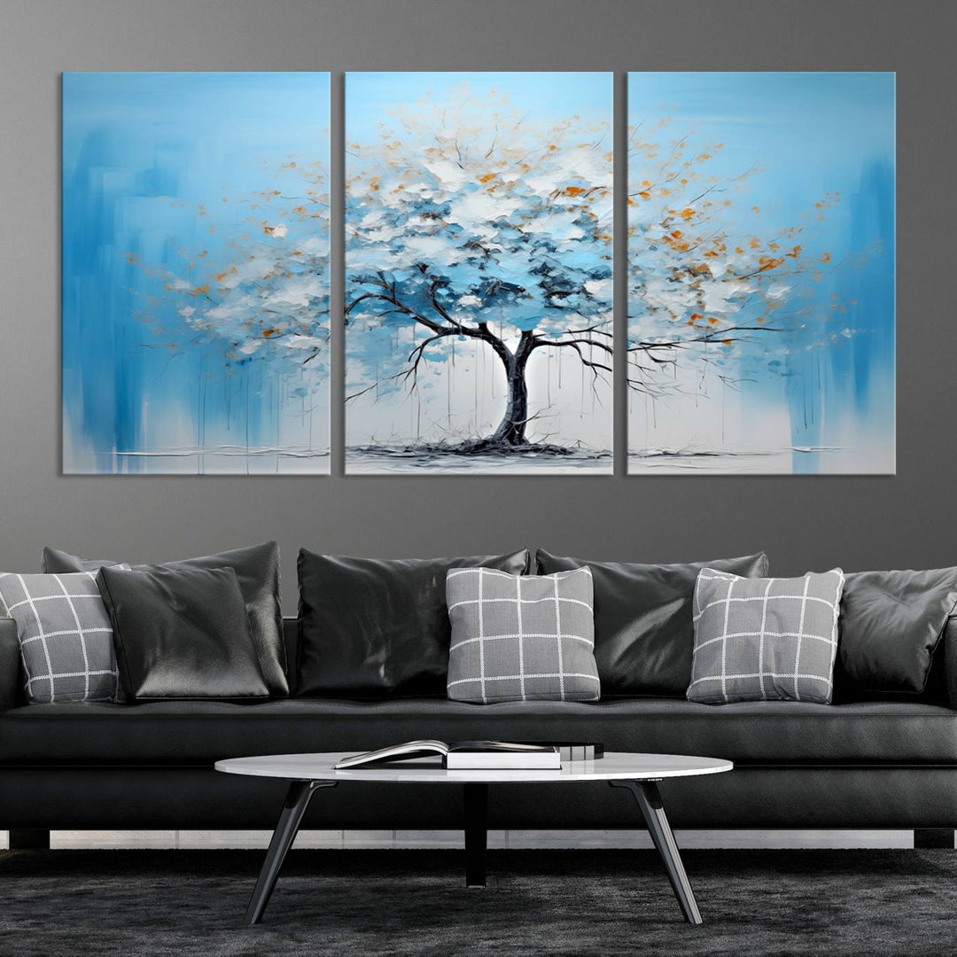 Modern living room featuring the Large Blue Abstract Tree Wall Art Canvas Printing. Enjoy the elegance with free shipping.