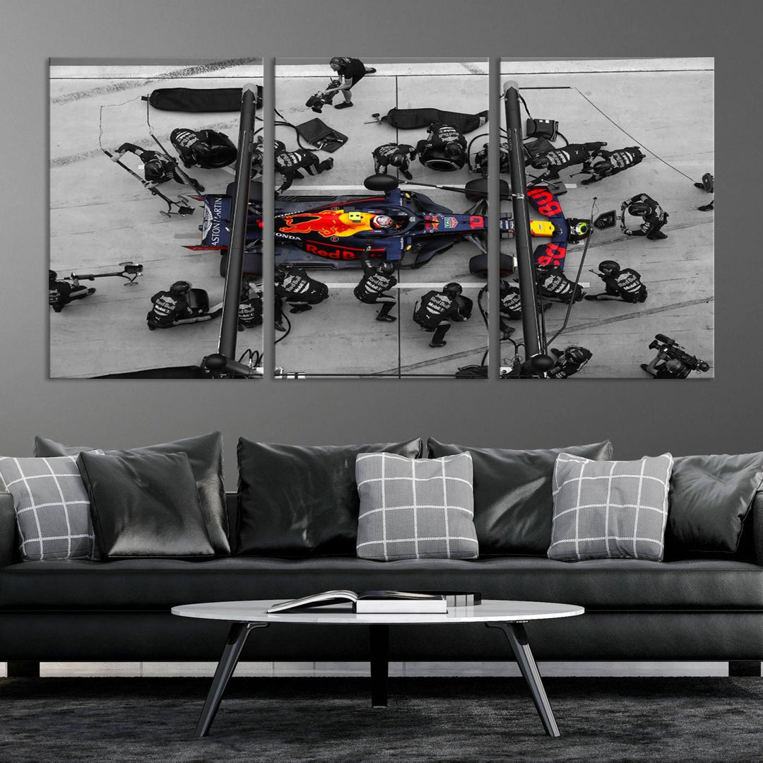 The RedBull Formula 1 Canvas Wall Art Print, a set of three gallery-quality pieces, elegantly adorns the wall.