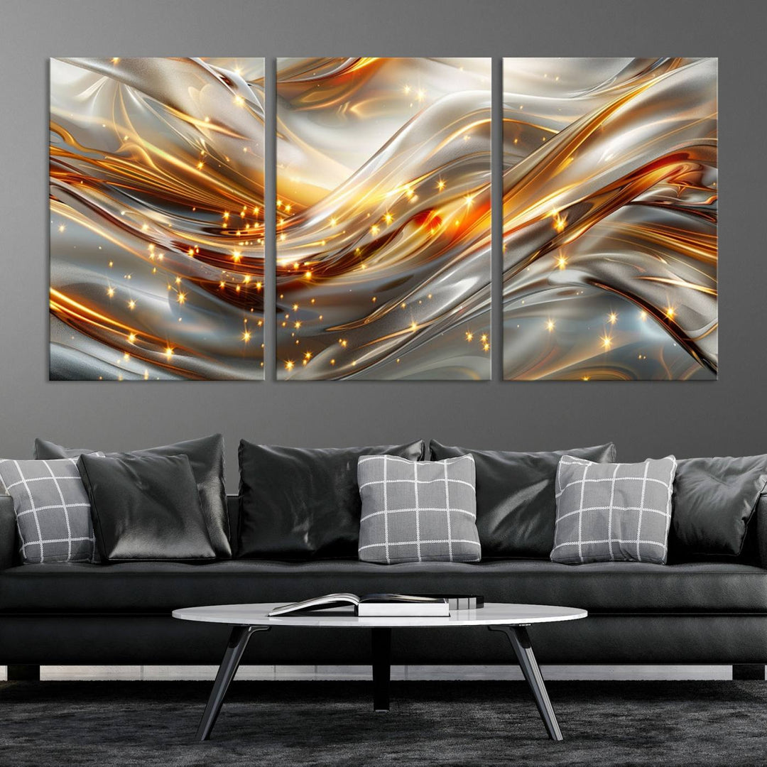 The Elegant Modern Gold Abstract Wall Art - Premium Framed Canvas Print for Home & Office Decor showcases a captivating triptych with swirling metallic designs and golden sparkles, perfectly enhancing contemporary interiors.