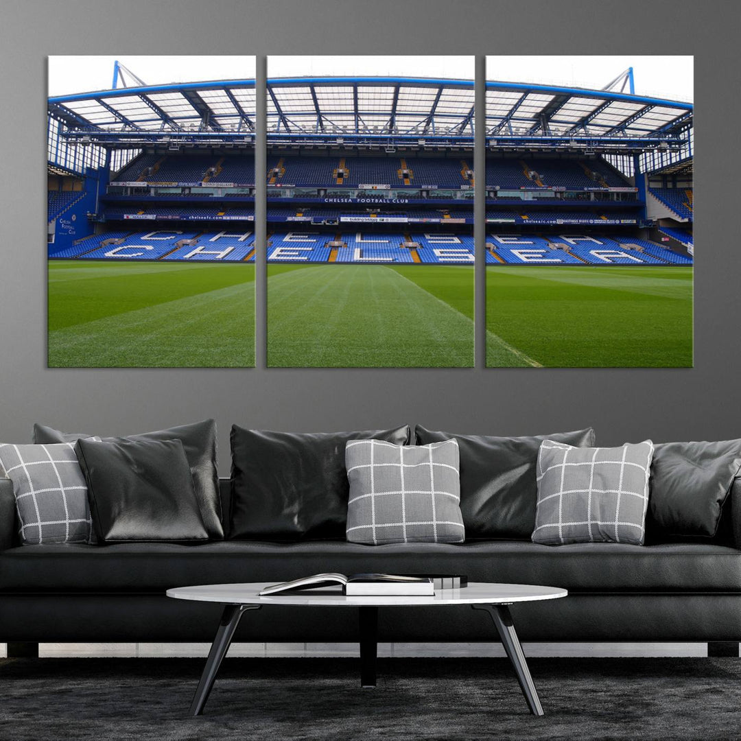 The Chelsea FC Soccer Team Print - Stamford Bridge Stadium Wall Art Canvas Print hangs elegantly, bringing the thrill of the game into your living room.