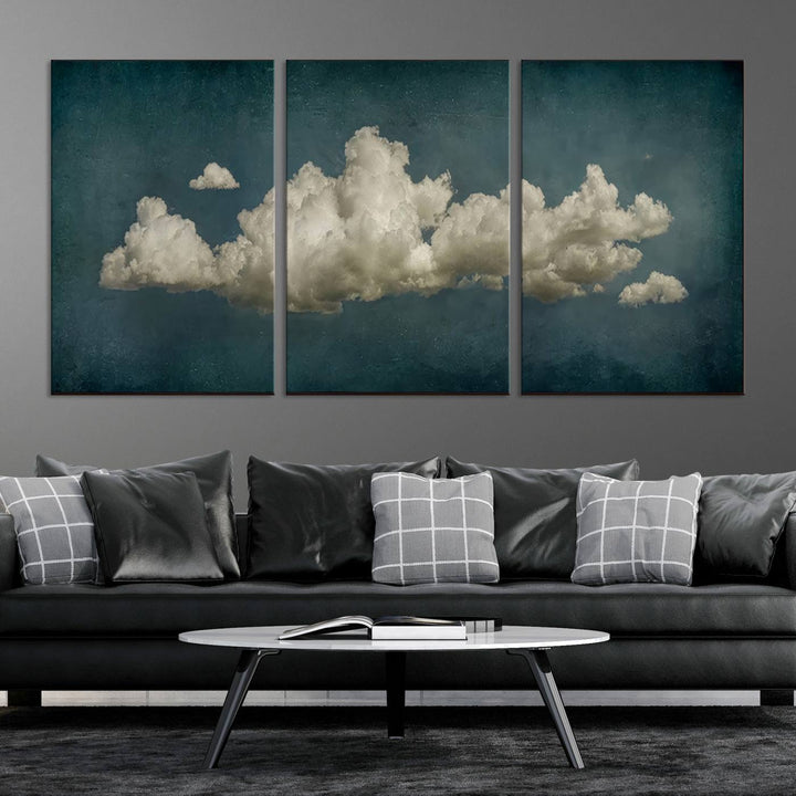 The Vintage Green Clouds Wall Art Canvas Print, set against a teal backdrop, showcases breathtaking canvas artwork with a gallery-quality finish.