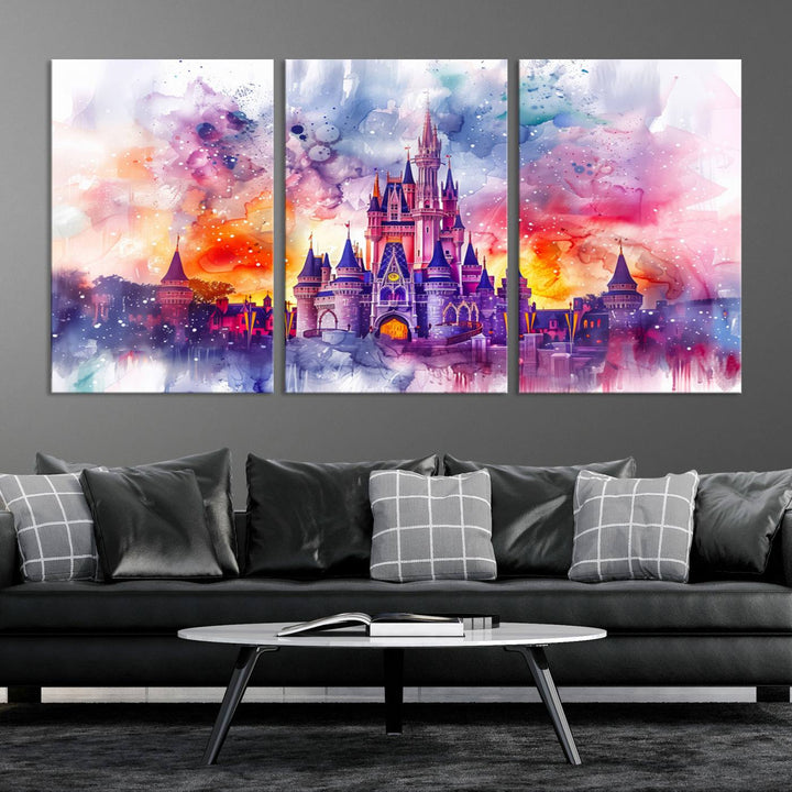 A vibrant piece of wall art depicting the Cinderella Castle from Disneyland, presented as a watercolor painting on premium canvas, is displayed.