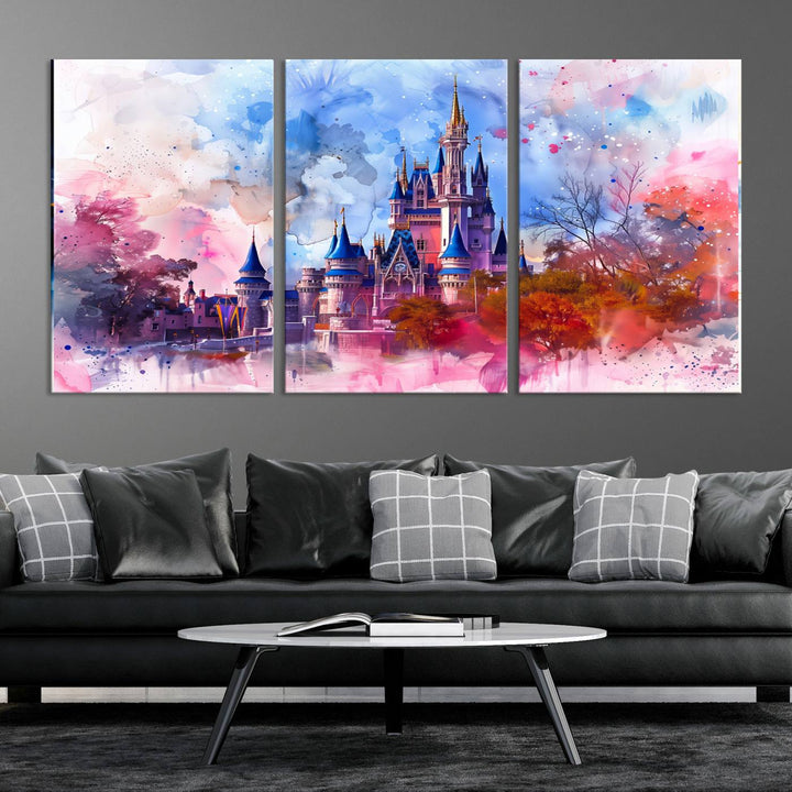 The Disney Wall Art: Dreamy Watercolor Cinderella Castle Canvas Print features a fairy-tale castle with vibrant pink, blue, and purple hues. Expertly handmade in the USA, this premium canvas wall art adds a touch of enchantment to any room.