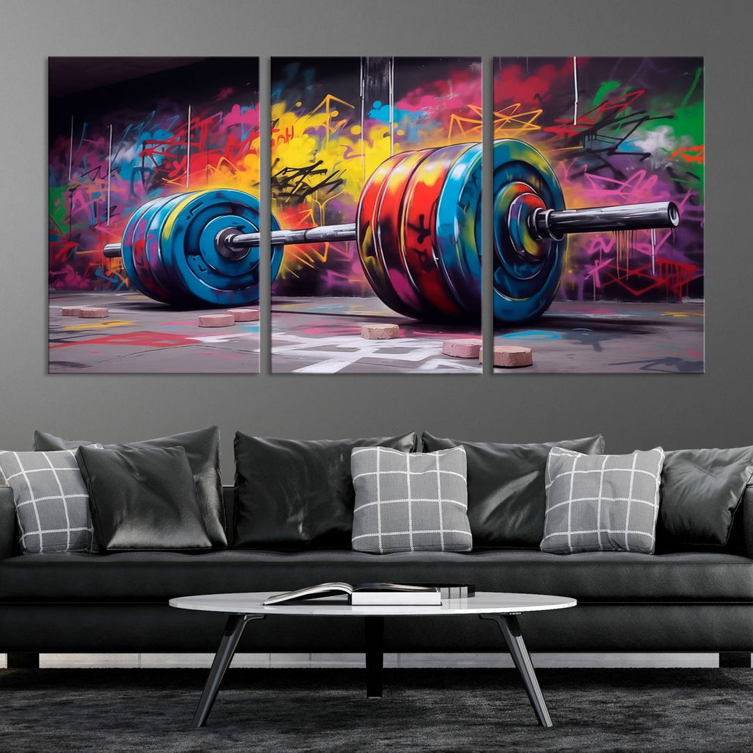 Colorful Graffiti Barbell Canvas Wall Art – Urban Fitness Meets Bold Street Art – Ready to Hang