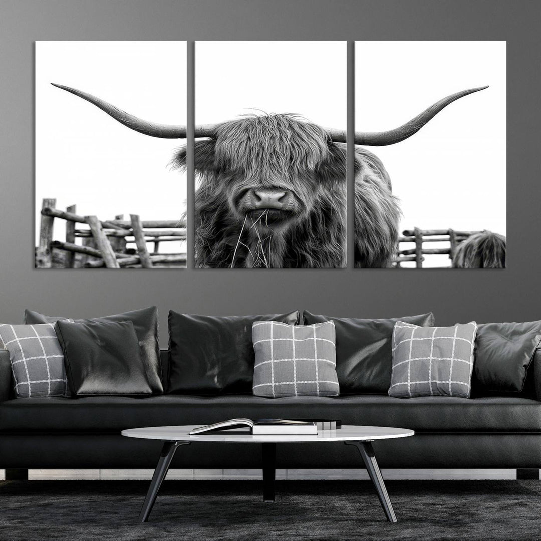 The Longhorn Canvas Print, featuring a black-and-white triptych of a Bighorn cow with shaggy fur and impressive long horns, is elegantly showcased. This wall art piece boasts a gallery-quality finish on premium canvas, bringing sophistication to any room.