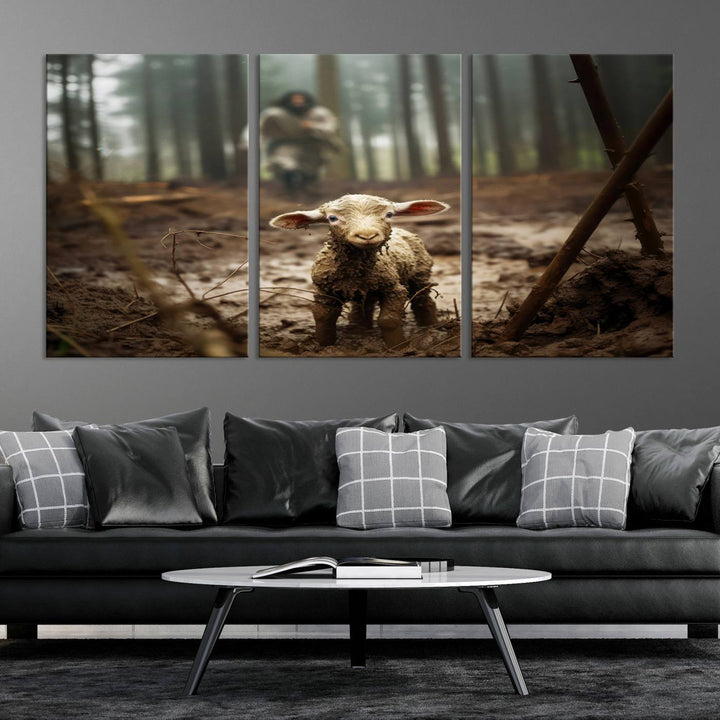 Jesus Running After a Lost Lamb Canvas Wall Art Print