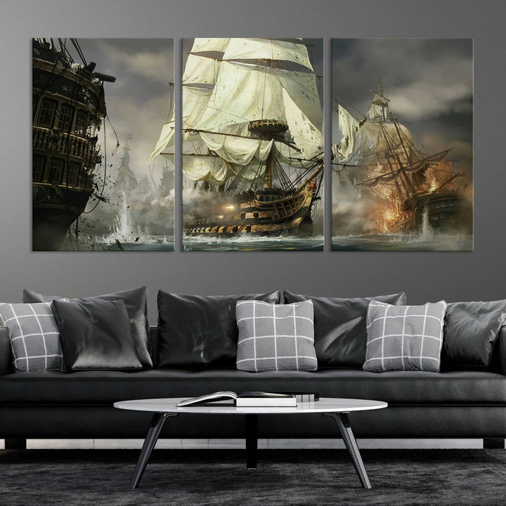 The Pirate Ship War Wall Art Canvas Print, featuring a stunning three-panel depiction of an intense sea battle with tall ships, boasts a gallery-quality finish that adds an elegant touch to its display.