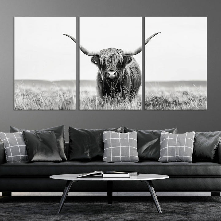 The living room is enhanced by a stunning three-panel Longhorn Wall Art Canvas Print. This museum-quality piece of Texas Longhorn Art comes on a gallery-wrapped canvas with a UV-protective coating to keep it vibrant under everyday light exposure.