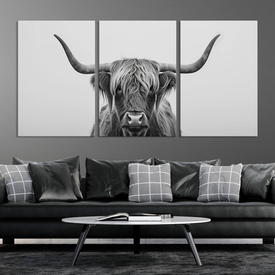 A triptych titled "Farmhouse Longhorn Wall Art Canvas Print, Longhorn Texas Wall Art Canvas Print," rendered in a gallery-quality finish, hangs prominently on the wall.