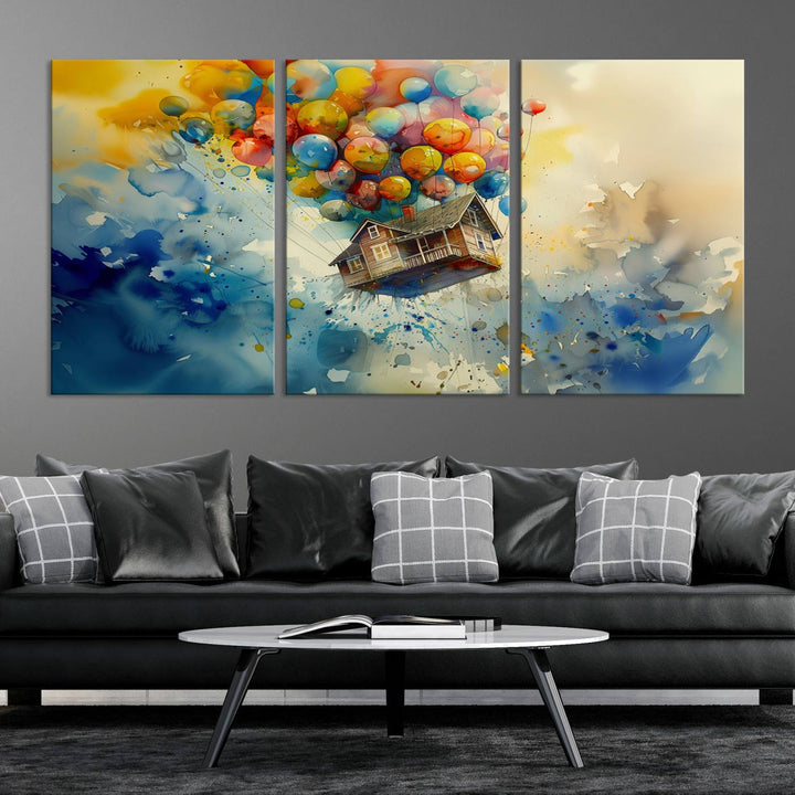 The Cartoon Movie Wall Art Canvas Print, featuring a vibrant house lifted by balloons and split across three panels, serves as captivating wall art. Handmade in the USA, it adds charm and whimsy to any space.