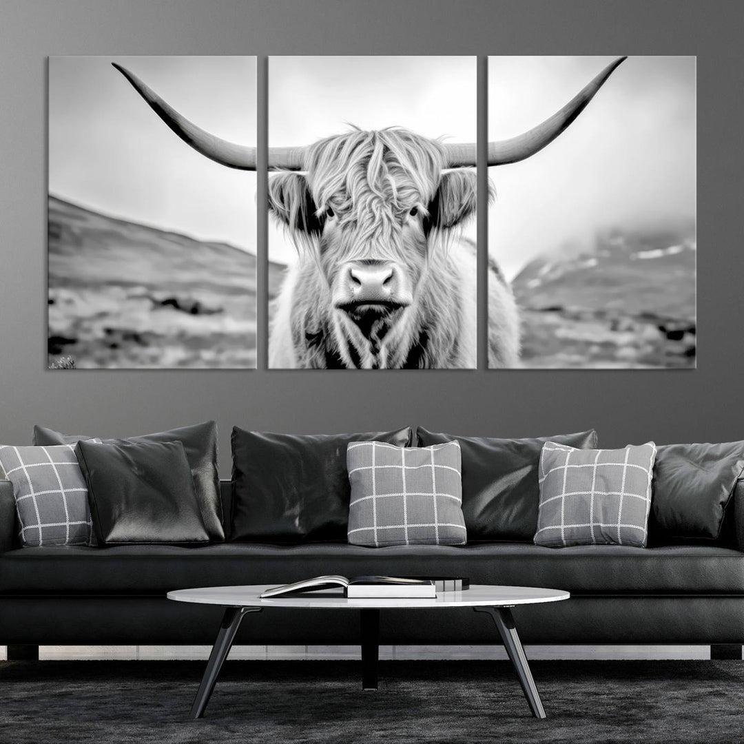 A "Scottish Cow Wall Art Canvas Print" with a gallery-quality finish hangs prominently.