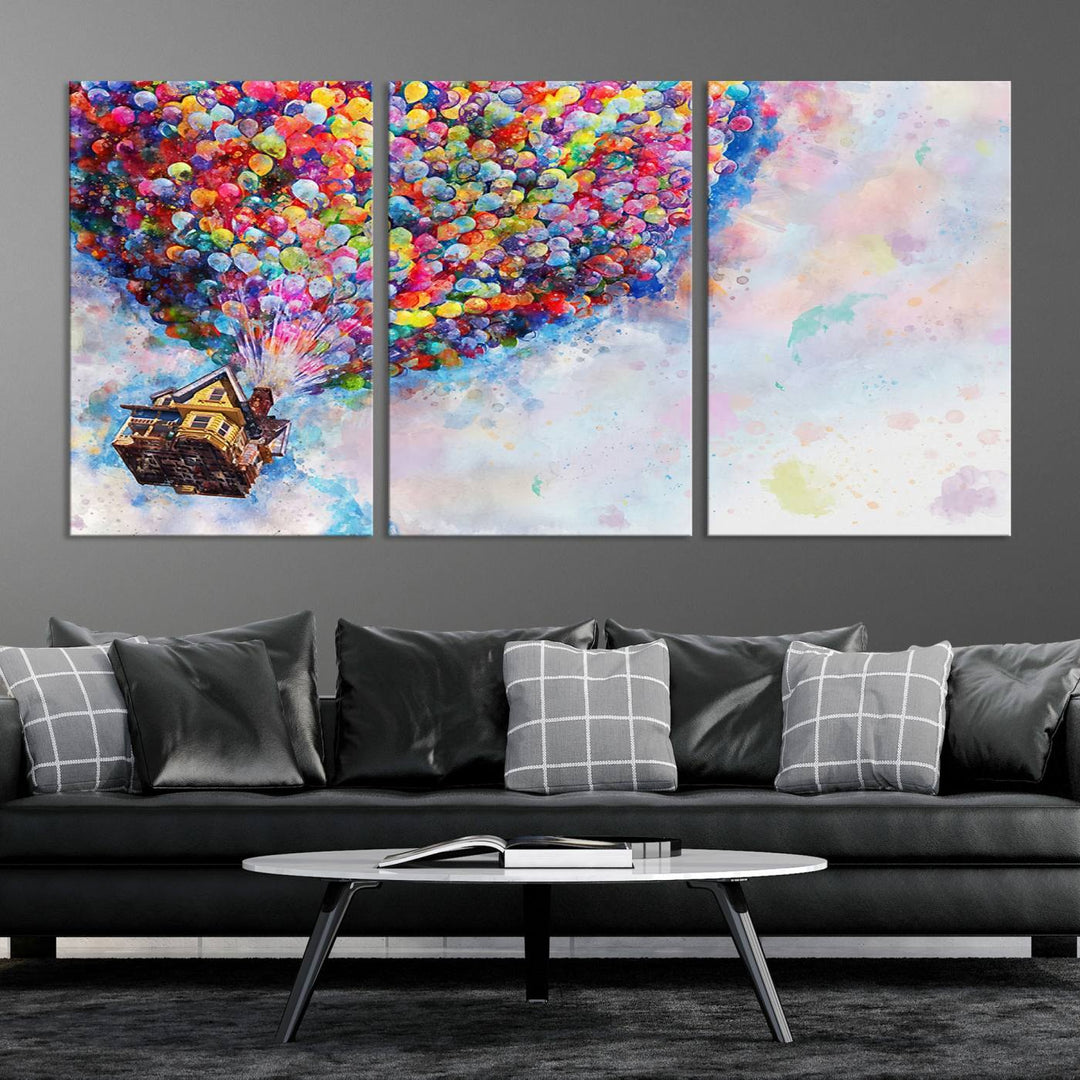 The "Watercolor Cartoon Movie Balloons Canvas Print" is showcased, depicting a whimsical house being lifted by colorful balloons. This triptych wall art is crafted on museum-quality canvases with a UV-protective coating to maintain its vibrant colors, making it ready to hang in any room.