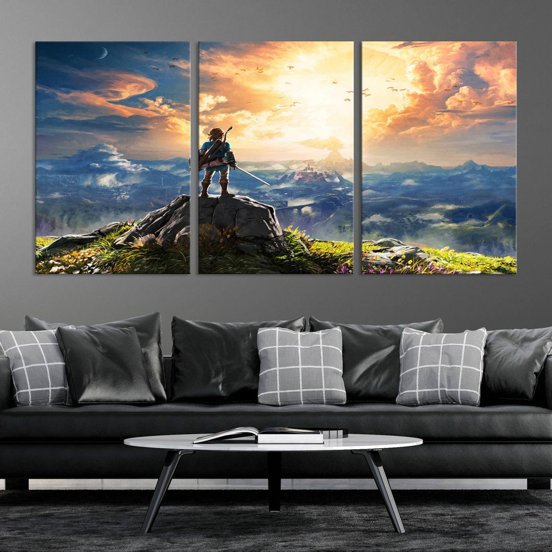 The Legend of Zelda Breath of the Wild Game Wall Art Canvas Print showcases a fantasy landscape with a character on a cliff, all rendered in gallery-quality finish on premium canvas.