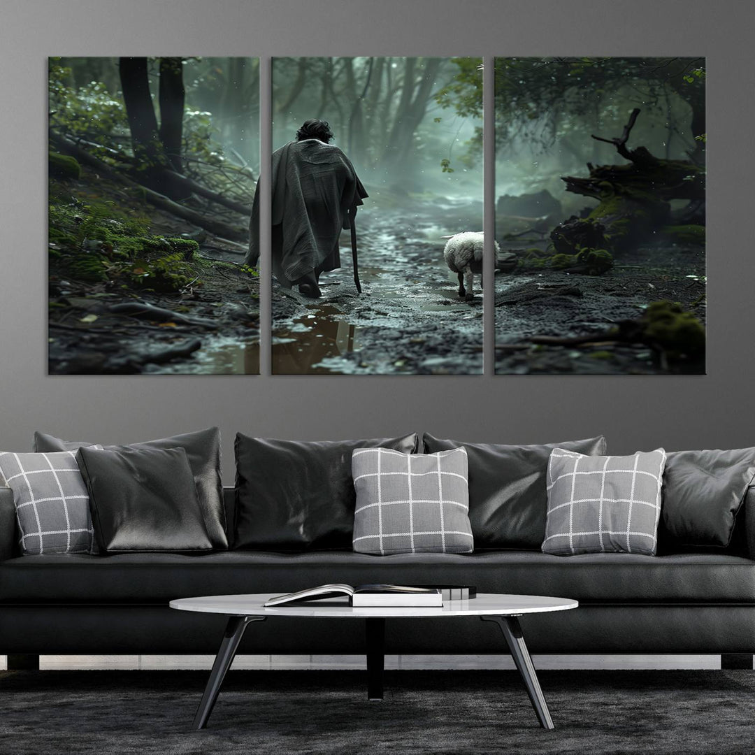 The "Forest Jesus Shepherd Canvas Wall Art" features a person with a cane, clothed in a cloak, walking beside a sheep through a misty forest. This piece captures tranquility and is ideal for adding serenity to your living room, office, or bedroom decor.