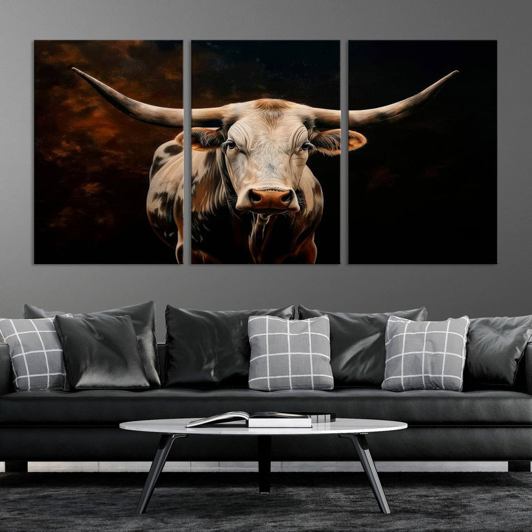 The Texas Longhorn Wall Art, a 3-panel large canvas print, infuses the room with a dash of cowboy charm.