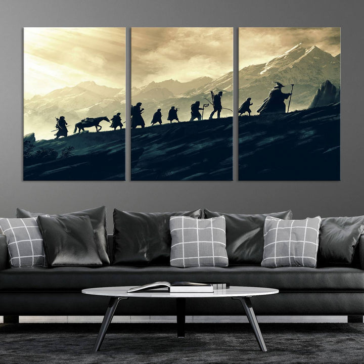 A canvas print titled "Lord of the Rings Silhouette Wall Art Capturing the Epic Quest Through Middle-Earth - The Fellowship's Journey" is displayed.