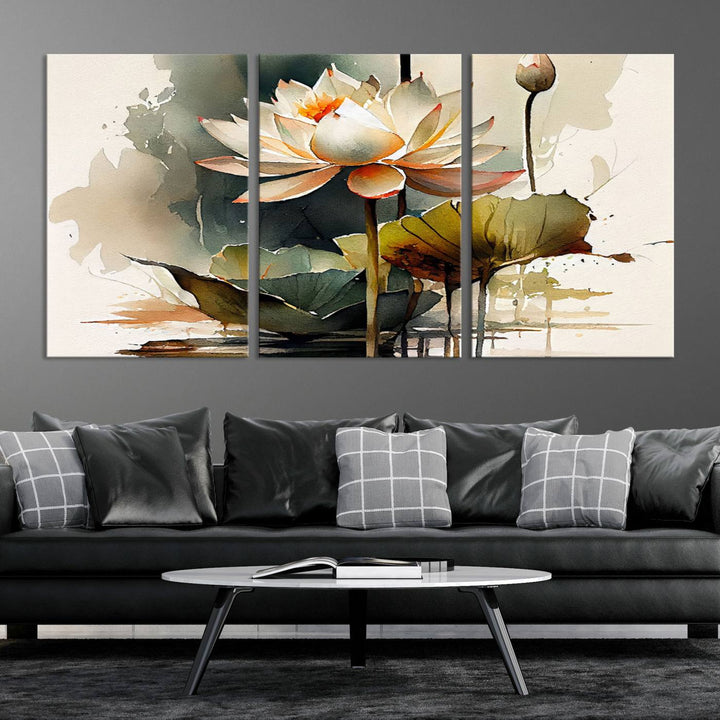 The Lotus Flower Watercolor Canvas Print, a contemporary wall art piece symbolizing serenity and growth with its soft watercolors, adorns the wall.