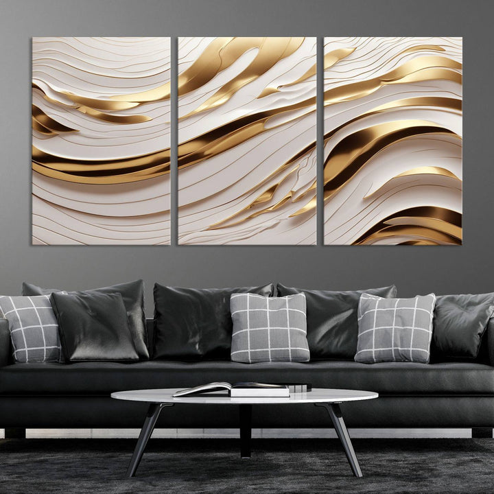 The "Gold and White Abstract Wave Canvas – Elegant Flowing Design with Luxurious Golden Accents" beautifully enhances the area and creates a stunning focal point in the room.