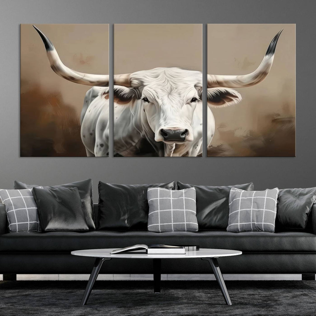 Texas Longhorn Canvas Wall Art features a triptych design on premium canvas with a gallery-quality finish.