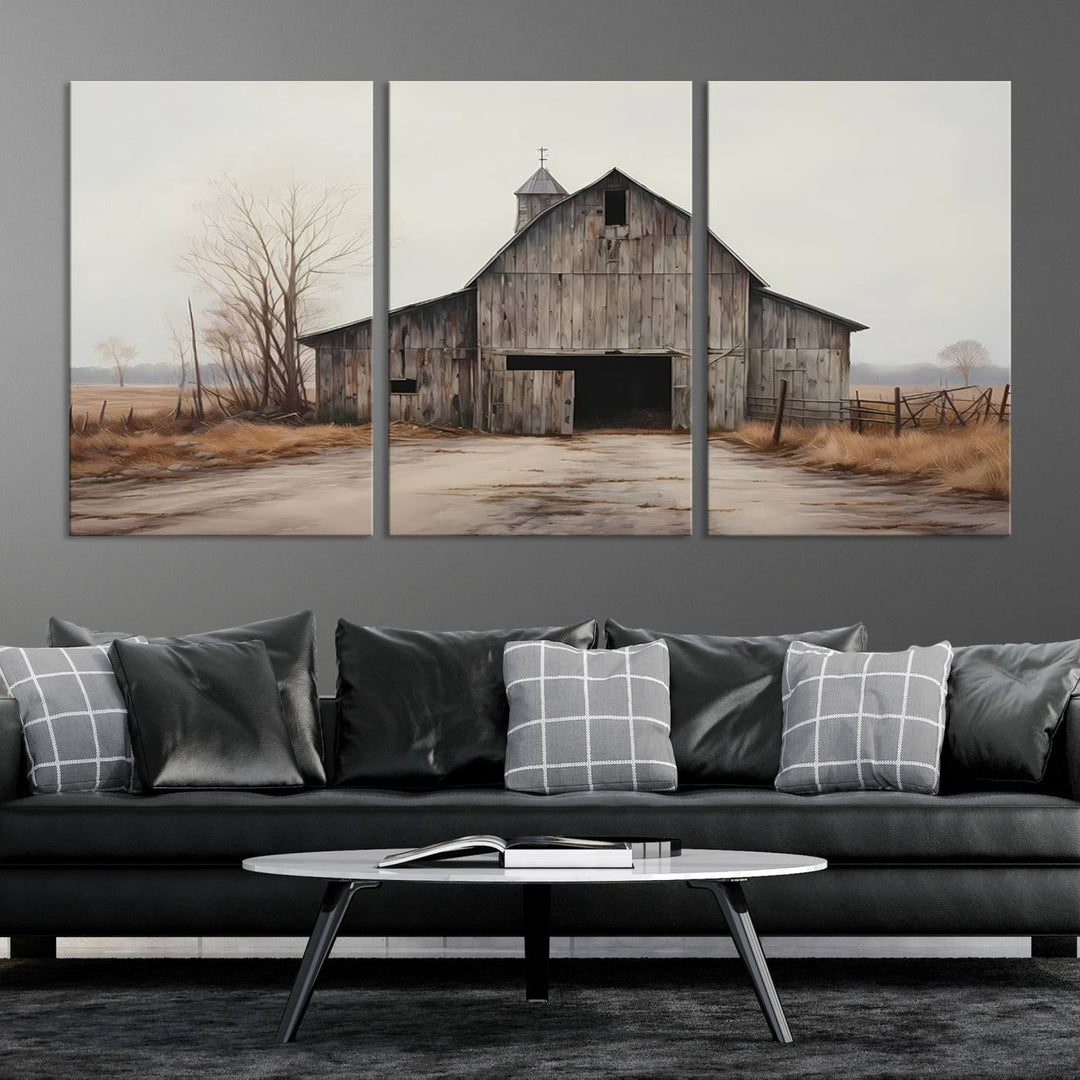 A framed and ready-to-hang Farmhouse Rustic Barn Wall Art Canvas Print is displayed against a gray wall. This stylish modern living room seamlessly combines rural life wall décor with contemporary comfort.