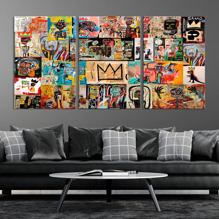 A vibrant Basquiat Art Collage Wall Art Canvas Print in an urban graffiti style adds a modern artistic flair.