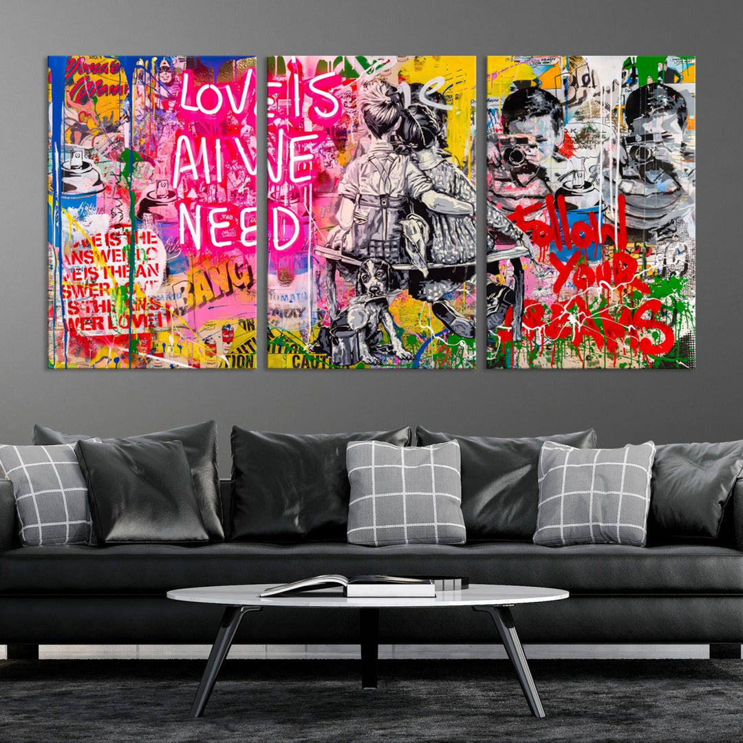 A vivid display of the "Follow Your Dreams & Love is All We Need" graffiti street art energizes a modern room with its three-panel arrangement. This bold giclee canvas print infuses any contemporary space with dynamic flair.