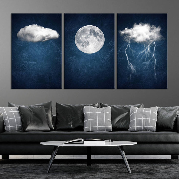 Dark Blue Cloud Art, 3 Piece Indigo Blue Wall Art, Aesthetic Surreal Art, Thunderstorm Moon Cloud Artworks 