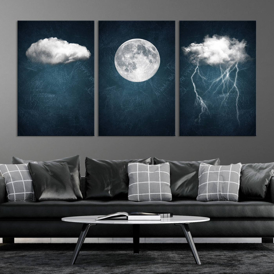 The "3 Piece Indigo Cloud Wall Art, Thunderstorm Moon Cloud Artworks" on museum-quality canvas with UV-protective coating is prominently displayed.