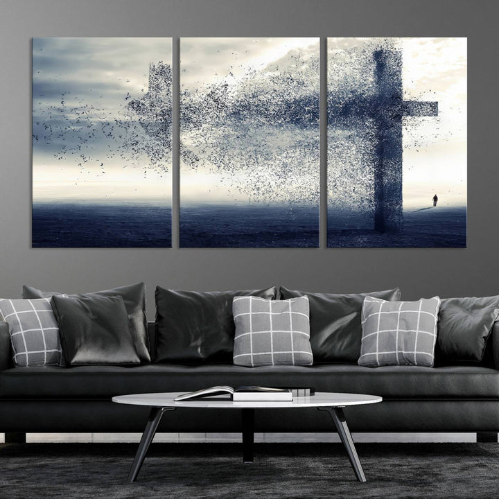 The "Jesus and the Fading Cross – Symbol of Faith" framed canvas print beautifully depicts a cross formed by birds against a moody sky above an ocean. This piece of Christian wall art infuses spirituality into the minimalist space.