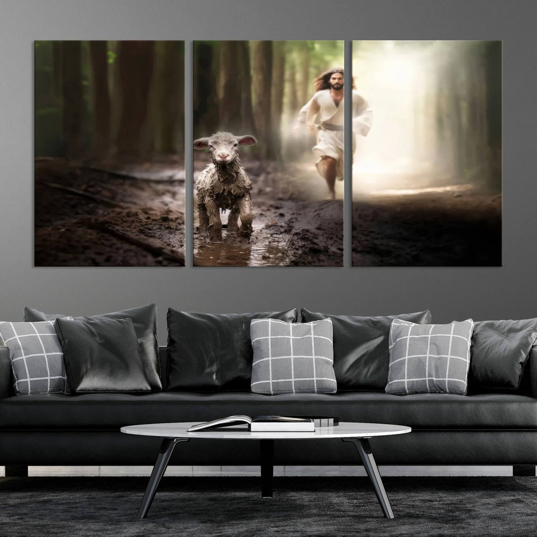 Discover the "Jesus Canvas Wall Art: Jesus Running After Lost Lamb," an exquisite triptych canvas piece that beautifully depicts Jesus in pursuit of a lost lamb within a forest setting. This artwork features a gallery-quality finish and is handmade in the USA, adding both charm and craftsmanship to your space. Perfect for Christian home decor enthusiasts.