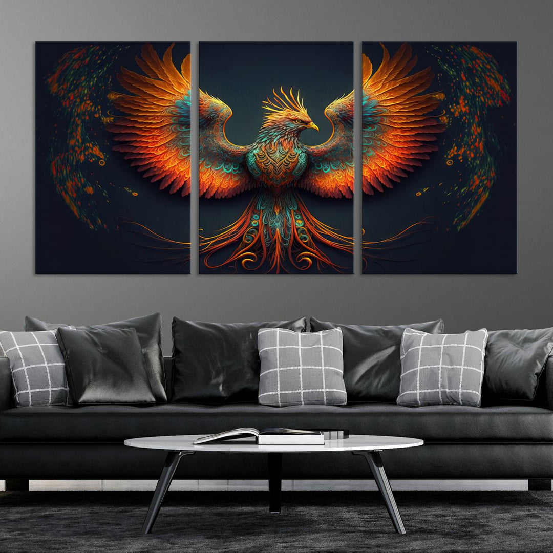 The Majestic Phoenix Wall Art Canvas Set, a fiery symbol of rebirth and strength, graces the wall.