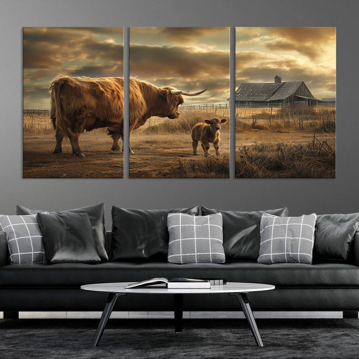 The living room features the "Highland Cow Canvas Wall Art Animal Print Pictures Fluffy Cattle Art," which captures a cow and calf in a rural sunset scene, adding gallery-quality charm.