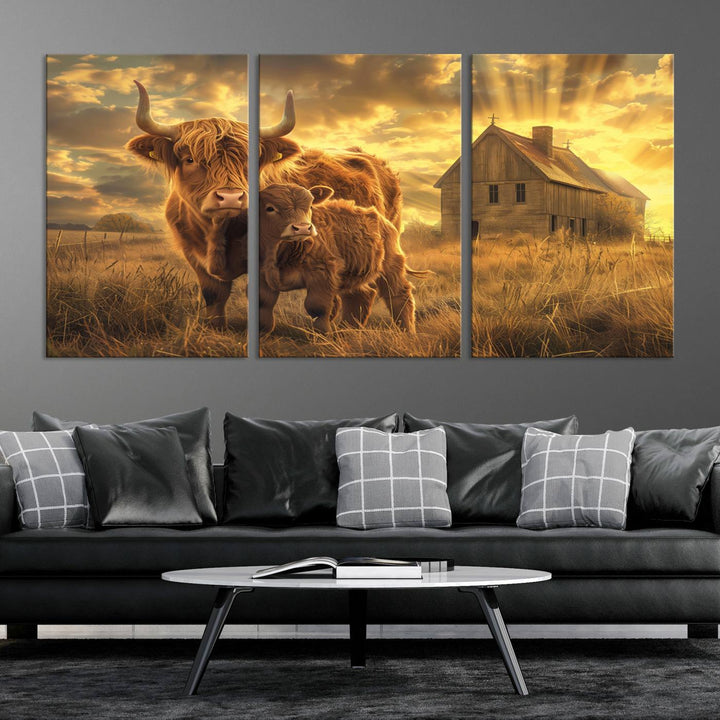 The room features the Barn and Highland Cow Canvas Wall Art Animal Print, a three-panel canvas depicting cows in a sunset field with a rustic barn backdrop. This handmade piece brings charm and character with its gallery-quality finish.