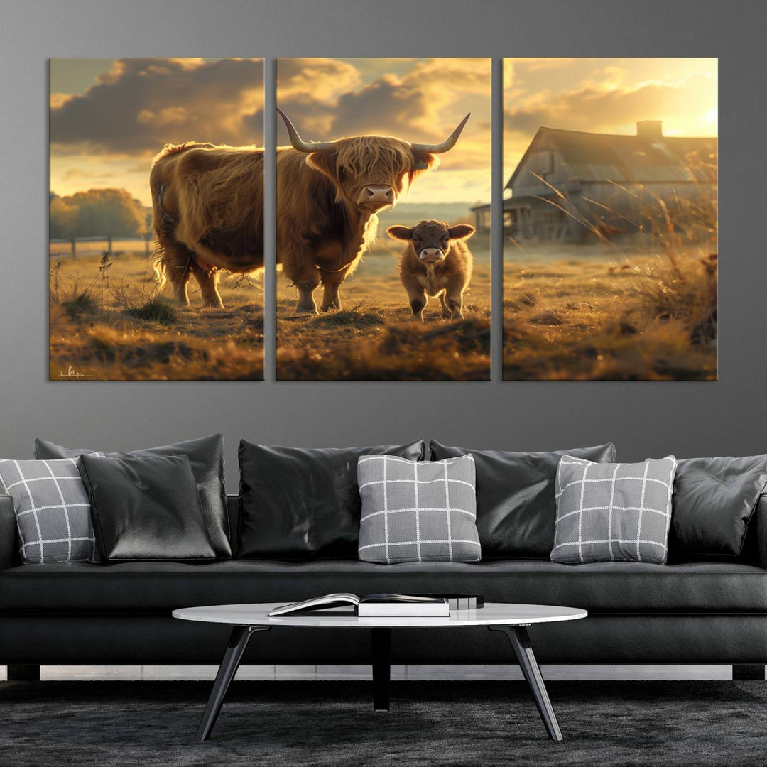 The "Highland Baby Cow Canvas Wall Art Animal Print" triptych art piece showcases a cow and calf in a sunlit field with a barn in the background.