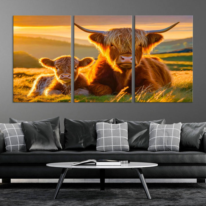 The living room showcases a gallery-quality finish with the Scottish Cow and Baby Cow Canvas Wall Art, featuring a charming animal print of fluffy cattle as the centerpiece. This stunning piece is displayed on premium canvas, creating an inviting atmosphere.