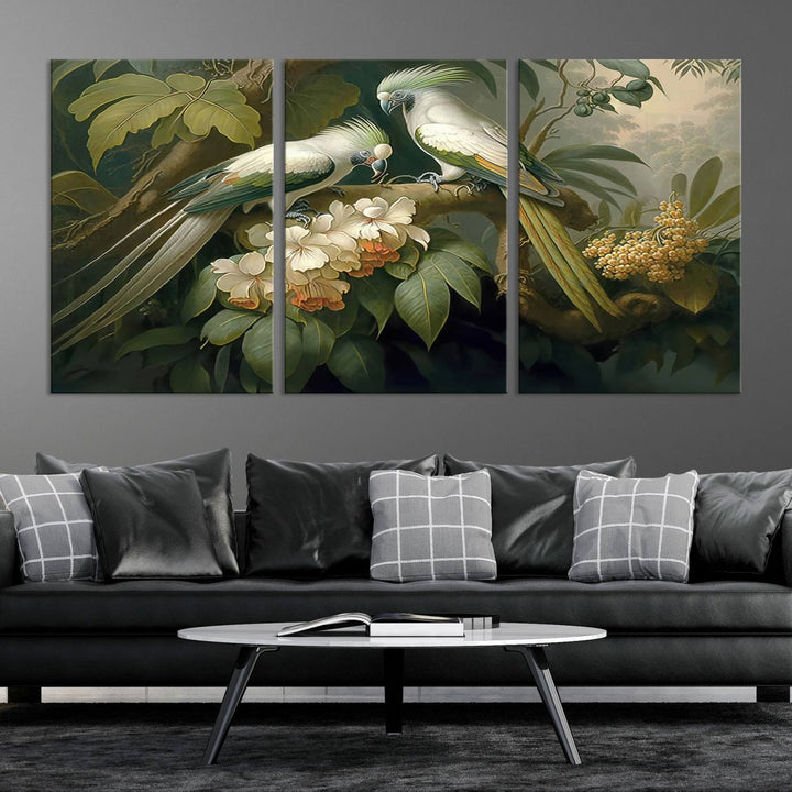 Crafted in the USA, this Tropical Paradise Print wall art features a stunning parrot amidst a lush forest and beautiful flowers.