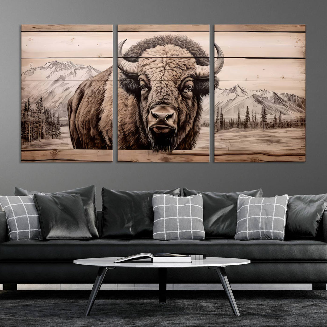 A stunning triptych artwork from the "Bison Canvas Wall Art American Buffalo Print Rustic Decor for Farmhouse Wall Art" collection graces the modern living room. Its vibrant colors are enhanced by museum-quality canvas and a UV-protective coating. The gallery-wrapped piece adds elegance to the space.