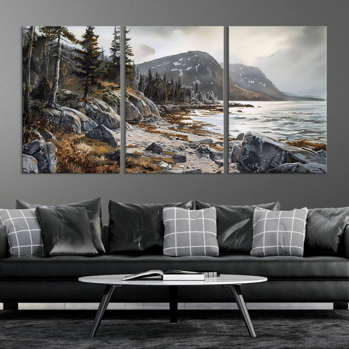 The stunning Serene Coastal View of Acadia National Park is a 3-panel wall art canvas print that beautifully captures a tranquil mountain and lake scene.