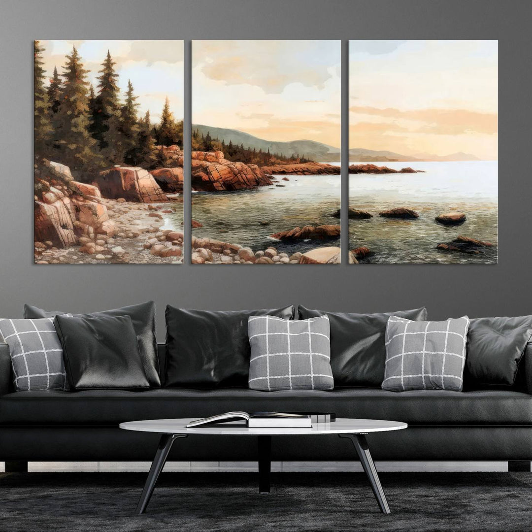 Serene Coastal View of Acadia National Park - Stunning 3-Panel Wall Art Canvas Print, Framed, Ready to Hang