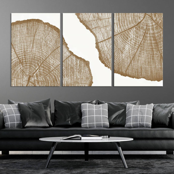 The "Rustic Brown Tree Ring Wall Art Canvas Print" in the living room adds an elegant, nature-inspired touch to the space.