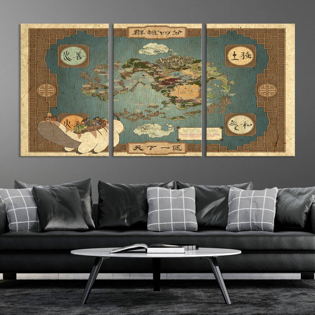 Hanging above is the Avatar: The Last Airbender Vintage Map - Wall Art Canvas Print, framed and ready to hang, showcasing an enchanting glimpse into the iconic four nations design.