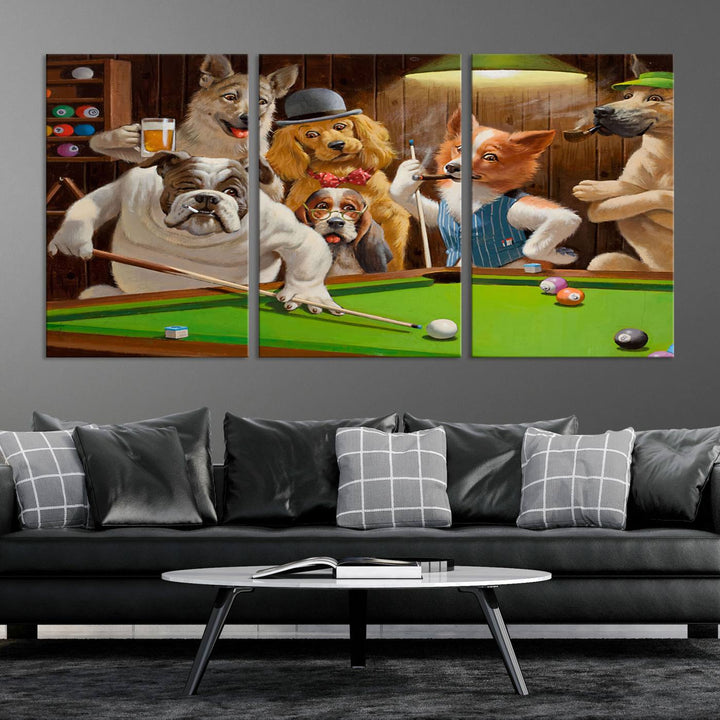 The "Dogs Playing Pool Canvas Wall Art" features a whimsical scene of dogs dressed as humans playing pool in a bar, presented as a three-panel display with a gallery-quality finish.