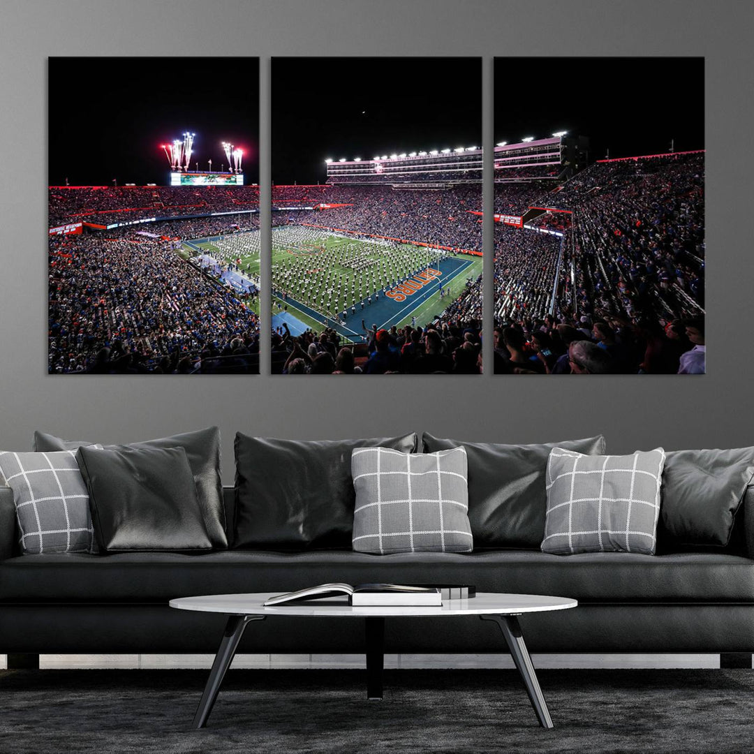 Ben Hill Griffin Stadium Night Game Triple Canvas Wall Art - Florida Gators Football Match